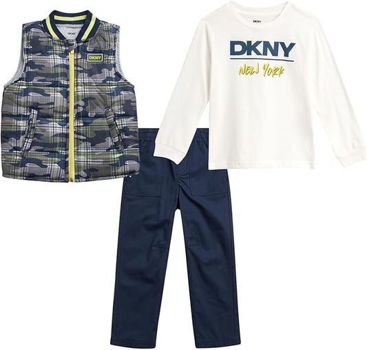 DKNY - Baby Boys' Pants Set - 3 Piece Insulated Puffer Vest, Long Sleeve Shirts and Pants for Boys